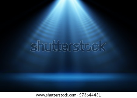 Stage light and blue glitter lights on floor. Abstract background for display your product. Spotlight realistic ray Royalty-Free Stock Photo #573644431
