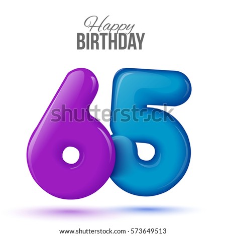 sixty five birthday greeting card template with 3d shiny number sixty five balloon on white background. Birthday party greeting, invitation card, banner with number 65 shaped balloon