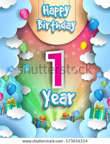 one Year Birthday Celebration Design for greeting cards and poster, with clouds and gift box, balloons. design template for birthday celebration.