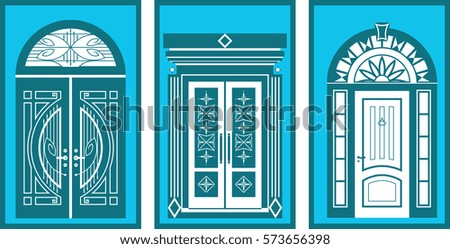 Various entrance doors isolated on blue background