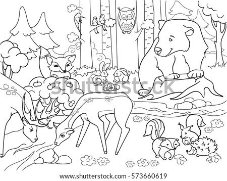 Forest Landscape with animals coloring book for adults vector illustration. Black and white lines Glade with a bear, deer, fox, hedgehog, rabbit, hare, weasel, squirrel, skunk, raccoon, birds, owl