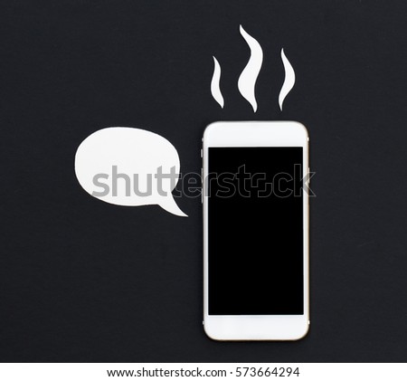 Hot smartphone with cartoon text bubble. White phone in paper cut collage. Creative cellphone banner template with text place. Black screen Iphone top view. Broken phone. Hot news or message
