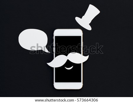 White phone with cartoon text bubble and smile. Smartphone in mustache and vintage hat. White paper cut collage with mobile phone. Creative cellphone banner template with text place. Smiling Iphone
