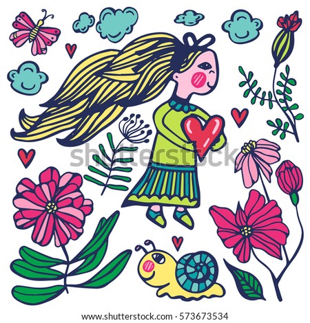 Hand drawn vector set with romantic cute elements. Illustration with hearts, girl, animals, flowers in doodle style. Valentine's and wedding day theme. Design for prints, t-shirt, coloring page.
