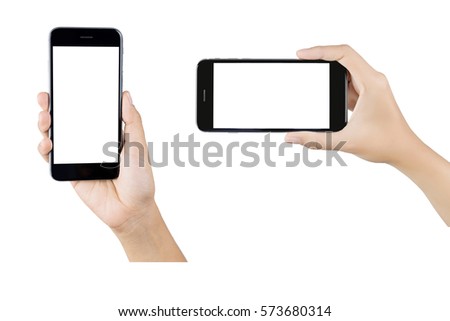 Woman hand holding smartphone isolated on white background.  white screen
