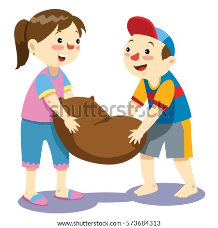 Two friends were helping each other to carry sacks of rice. Vector Children Illustration.