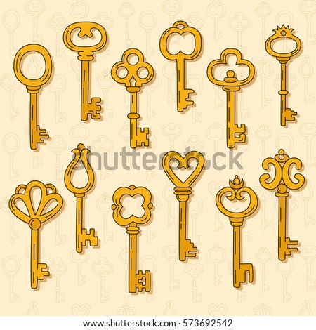 Colorful vintage keys collection doodles vector 