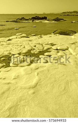 ice and snow natural landscape by the sea, closeup of photo