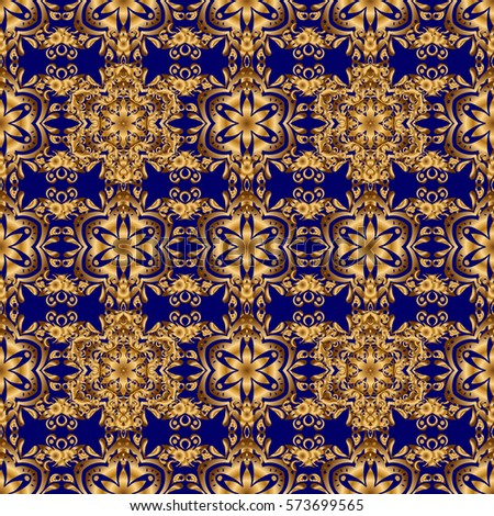 Oriental golden seamless pattern with arabesques and floral elements. Traditional classic vector ornament on a blue background.