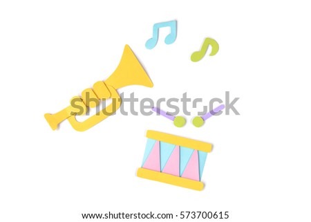 Drum and trumpet paper cut on white background - isolated