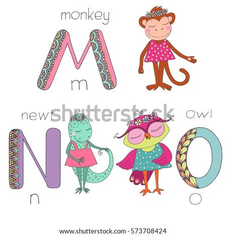 Cute animals with closed eyes in pink dress. Letter M, N, O of the kids alphabet with elements zentangle, doodling style for children education. Vector illustration on white background