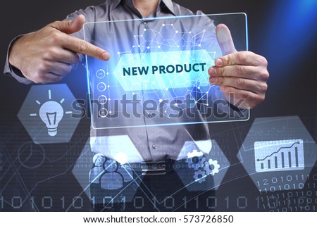 Business, Technology, Internet and network concept. Young businessman showing a word in a virtual tablet of the future: New product