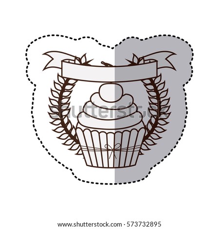 monochrome contour sticker with olive crown and ribbon and cupcake with cherry vector illustration