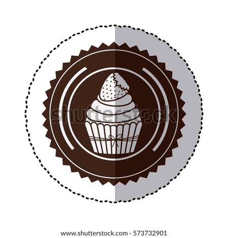 monochrome sticker with cupcake with strawberry in round frame vector illustration