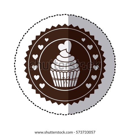 monochrome sticker with cupcake with heart in round frame . Vector illustration