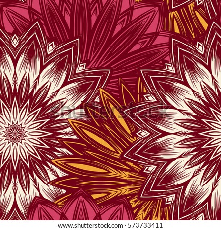 Seamless floral background. Tracery handmade nature ethnic fabric backdrop pattern with flowers. Textile design texture. Decorative color art. Vector.