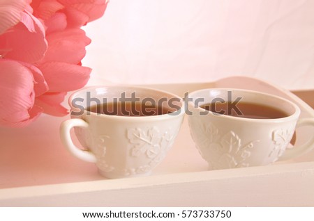 White Tea Cups in a White Tray with Pink Tulips
