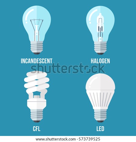 Vector illustration of main electric lighting types: incandescent light bulb, halogen lamp, cfl and led lamp. Flat style. Royalty-Free Stock Photo #573739525