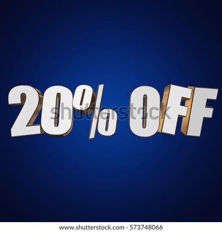 20 percent off letters on blue background. 3d render isolated.
