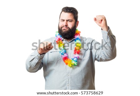 A fat man with shirt and a necklace of flowers on his neck isolated on white background