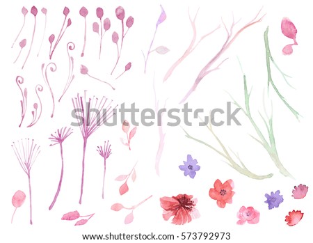 Set of flowers, leaves and branches, painted in watercolor, isolated on white. Sketched wreath, floral and herbs garland. Handdrawn Vector