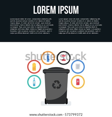 Vector flat style illustration of colorful garbage container. Recycle garbage bin for waste separation.  Sorting: glass, food,  metal, plastic, paper. 