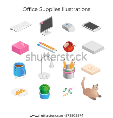 Office supplies illustration: computer, pencil, table, lamp, papers, coffee mug, smartphone, cactus, cat. 3d objects