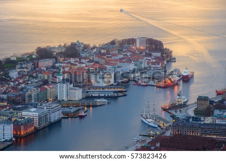 Bergen from above at twilight time, Norway