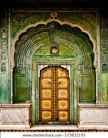 Green gate City Palace Jaipur, India Royalty-Free Stock Photo #573832195