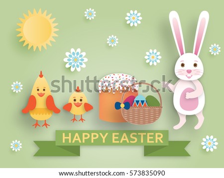 Cute Easter background in paper art style. Vector illustration.