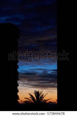 Silhouette of a highrise buildings and palm tree at sunrise. Spain