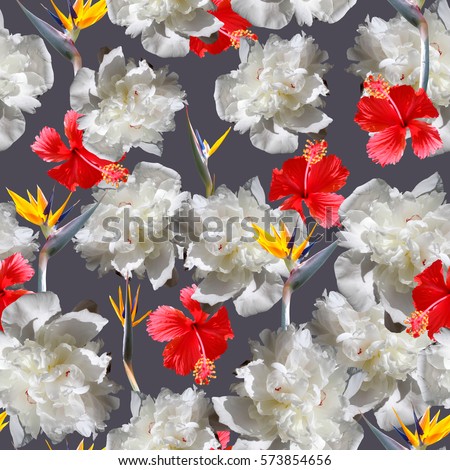 Gorgeous floral blossom pattern peonies amazing collage photo artistic work seamless bloom background.  Royalty-Free Stock Photo #573854656