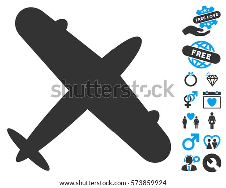 Aeroplane icon with bonus love clip art. Vector illustration style is flat iconic blue and gray symbols on white background.