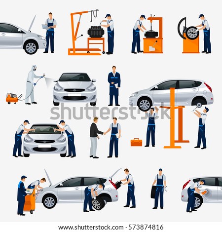 Flat icons car repair service, different workers in the process of repairing the car, tire service, diagnostics, vehicle painting, window replacement spare parts. Vector illustration