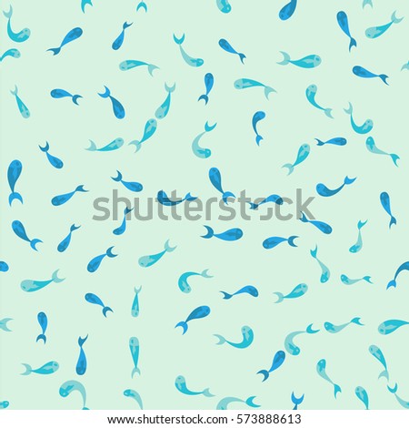 Whimsical seamless pattern on colorful background with multicolored fish different size. Vector illustration.