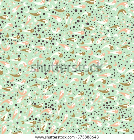 Whimsical seamless pattern on colorful background with multicolored fish and bubbles. Vector illustration.