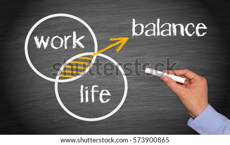 Work Life Balance - Business work-life concept chalkboard with female hand and text Royalty-Free Stock Photo #573900865