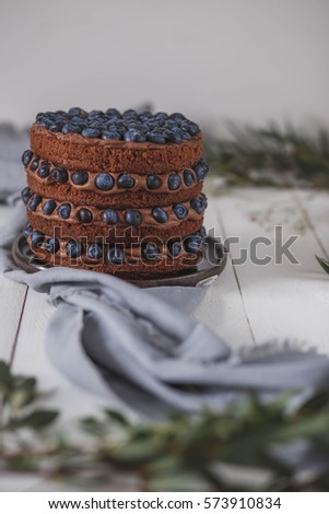 beautiful chocolate layered cake with open biscuits, decorated with fruit blueberries in a brown ceramic bowl on kitchen grey towel on white wooden background
