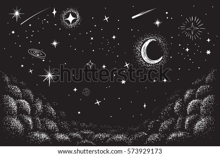 view to the sky in nighttime.Hand drawn vector illustration.Stars and other universe objects