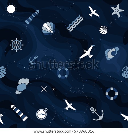 Vector flat sea seamless pattern background. Cute template with seashell, seagull bird, lighthouse, lifebuoy, starfish, anchor and ocean waves.