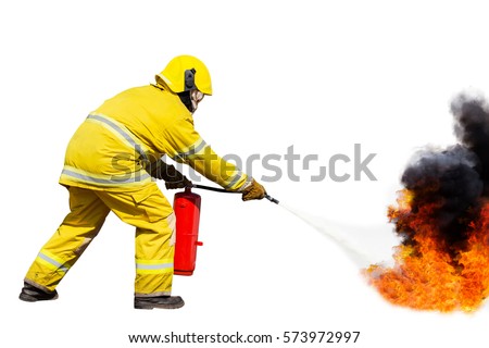 Firemen using water from hose for fire fighting at firefight training of insurance group. Firefighter wearing a fire suit for safety under the danger case.Firefighters training, Firefighters  oil gas,