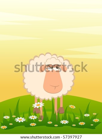 Vector landscape background with cartoon smiling sheep