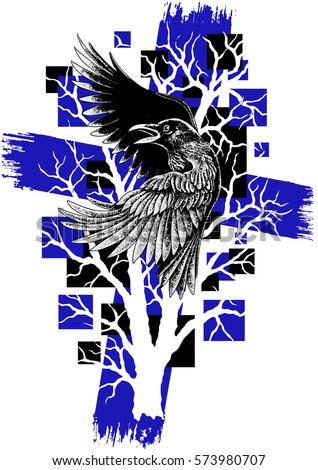 Abstract raven with black and blue grunge background ornament and white tree silhouette. Sketch for tattoo, poster, t-shirt design. Trash polka style, dotwork.