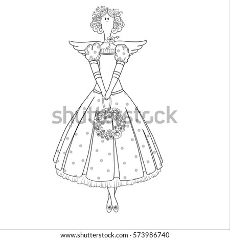 Vector character coloring Scandinavian garden angel rag doll in a dress with a wreath in the hands. Picture for painting. Cartoon style.