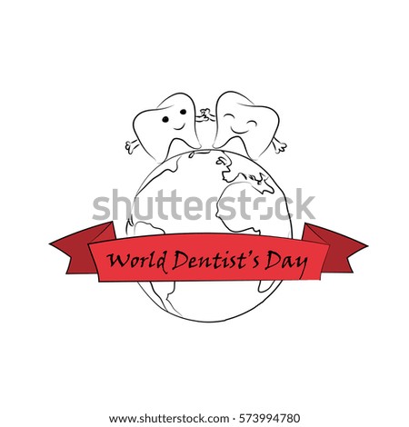 World Dentists Day celebration concept with two hand drawn smiling teeth on a Earth. Vector illustration for cards