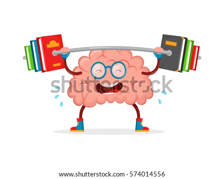train your brain.brain vector cartoon flat illustration fun character creative design. education,knowledge,smart,brain books fitness concept.train lifts with book barbell. mind cartoon character,sport
