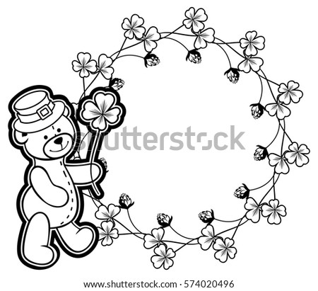 Outline round frame with shamrock contour and teddy bear in leprechaun hat. Copy space. Vector clip art.