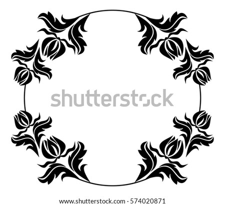 Black and white round frame with flowers silhouettes. Copy space. vector clip art.