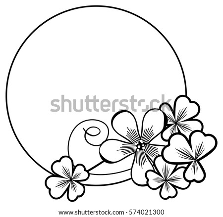 Black and white round frame with shamrock contour. Copy space. Vector clip art.