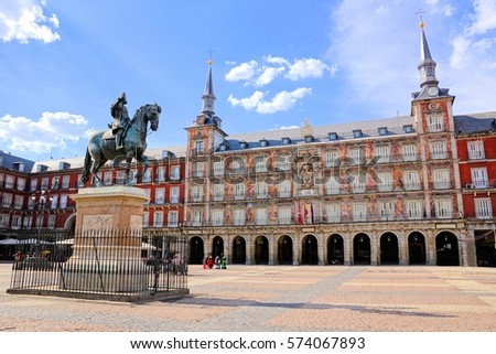 View of the famous Plaza Mayor with statue, Madrid, Spain Royalty-Free Stock Photo #574067893